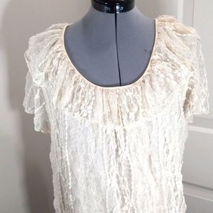 Womens Sz Large Off White Lace Top, boat neck